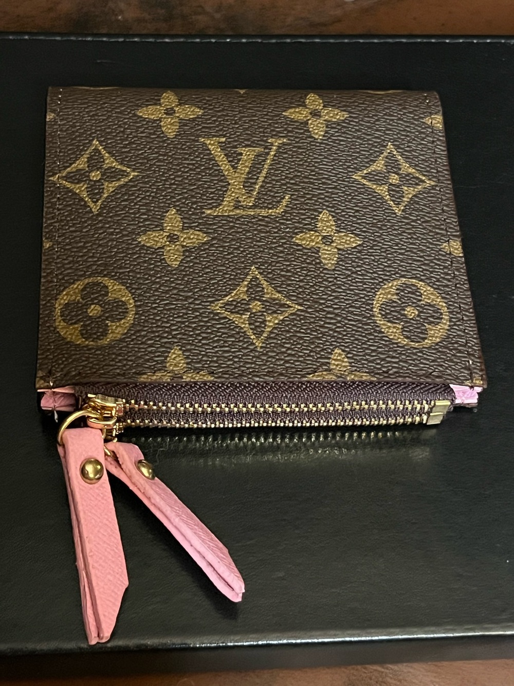 Louis. Vuitton. Brown Signature Monogram Compact Double Zipper Light Pink Wallet